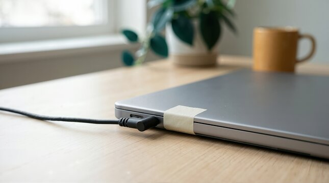 Masking tape securing a loose power cord to a laptop computer. Makeshift repair for a broken charging connection on a wooden desk