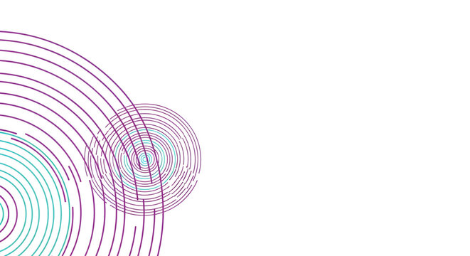 Abstract background with overlapping purple and teal concentric dashed circles and arcs on a white canvas, creating a modern graphic design.