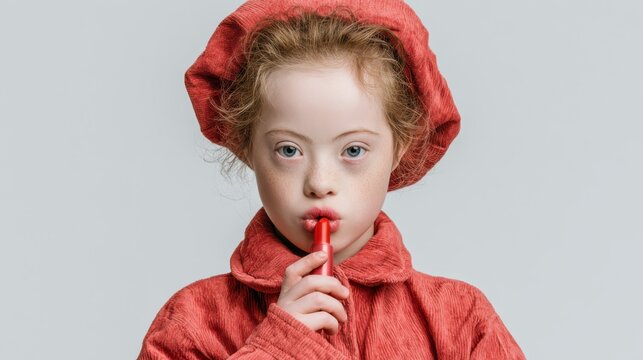 Young female model with Down syndrome featured in a mainstream cosmetics campaign, promoting diversity and inclusion in beauty and fashion industries.