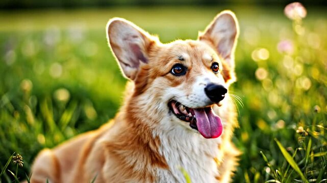 Happy corgi dog sitting in green grass outdoors.