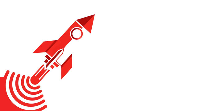A stylized red rocket launching upwards with a circular red exhaust trail on a white background.