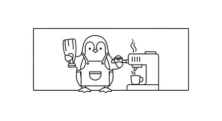 Fototapeta premium Cute Penguin Barista Making Coffee with Espresso Machine and Tamper
