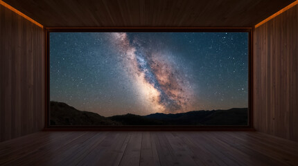 Obraz premium Milky way night sky visible through large window in modern wooden room, serene and dramatic