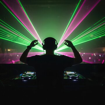 Silhouetted DJ performing live at a vibrant nightclub with mesmerizing green and pink laser lights illuminating the dance floor.