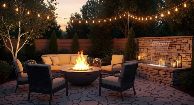 Backyard patio lounge area at twilight with a round fire pit, comfortable outdoor furniture, stone water feature, and glowing string lights hanging above trees