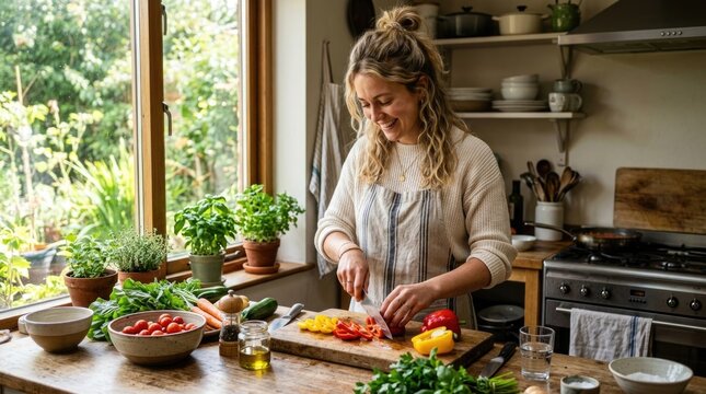 Young Woman Cooking in Rustic Home Kitchen Interior

