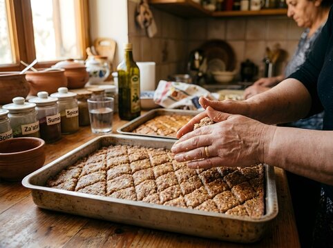 Elderly woman preparing traditional kibbeh bil sanieh in her kitchen