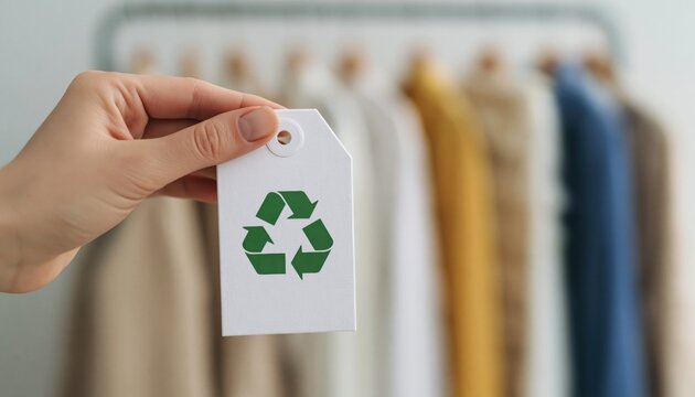 Recycling tag on sustainable fashion clothing rack eco friendly shopping garment retail