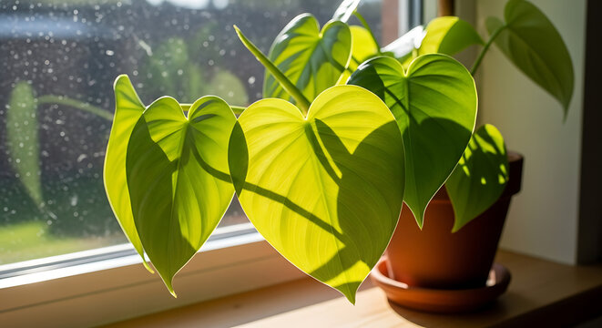 Heart shaped philodendron leaves glowing in golden morning sunlight near rain splashed window pane inside cozy room setting captured with soft natural light.