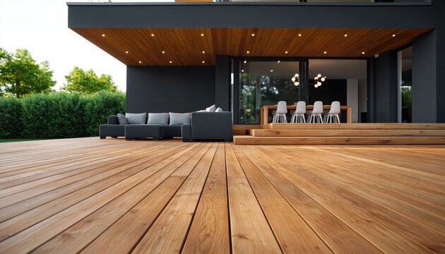 Terrace deck with modern house exterior architecture and comfortable outdoor wood furniture