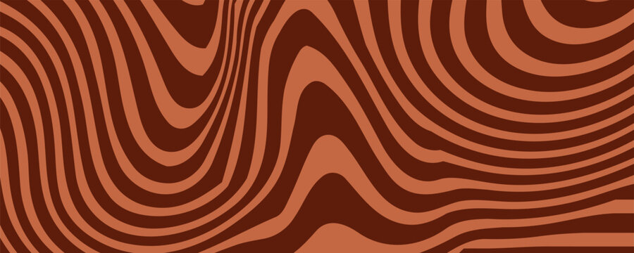 Retro coffee color background. Milk chocolate liquid dessert texture. Wavy swirl candy pattern for poster, cover, banner, pamphlet. Vintage brown trippy hippie wallpaper in 60s or 70s style. Vector