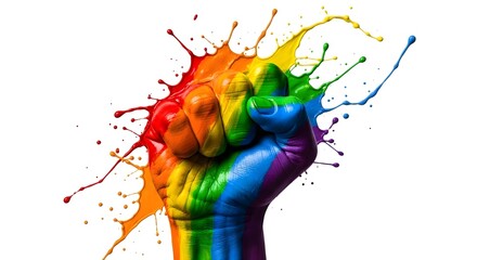 Fototapeta premium Vibrant rainbow fist with paint splashes symbolizing diversity and pride