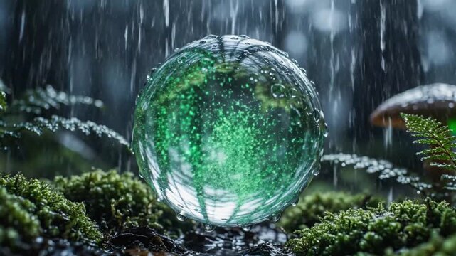 Glowing green glass orbs on moss with rain falling in forest