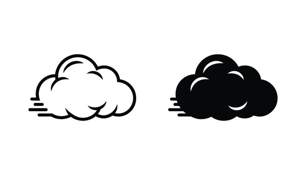 Speeding cloud weather icon set featuring outline and solid black vector graphics of fast moving storm clouds for weather forecast apps and UI design isolated on white background