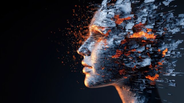 Abstract digital human face dissolving into particles and technological fragments for futuristic concept art and technology themes