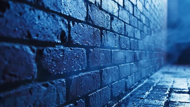 Dark blue brick wall texture with wet cobblestone pavement in a moody, atmospheric alleyway at night