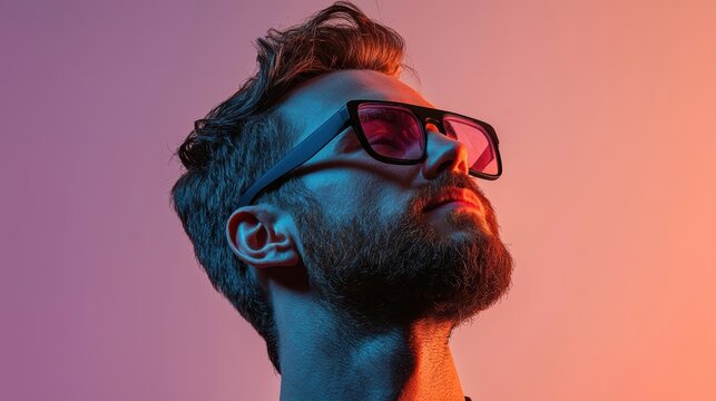 Stylish man wearing glasses with vibrant dual tone studio lighting effects in portrait