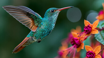 Fototapeta premium High-resolution macro photograph of a glittering green hummingbird hovering mid-air near vibrant pink and orange fuchsia flowers with a soft bokeh background.