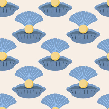 Seamless pattern with open sea shells and golden pearls. Pearl oyster seamless pattern for summer and coastal decor and textiel design