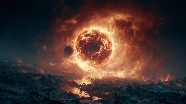 Epic cinematic space landscape featuring a massive exploding molten planet and orbiting moon surrounded by fiery cosmic gas and asteroid debris.