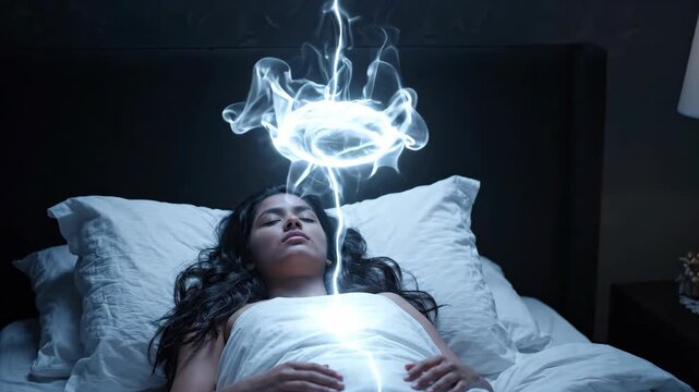 Glowing ethereal soul leaving sleeping woman body in dark bedroom