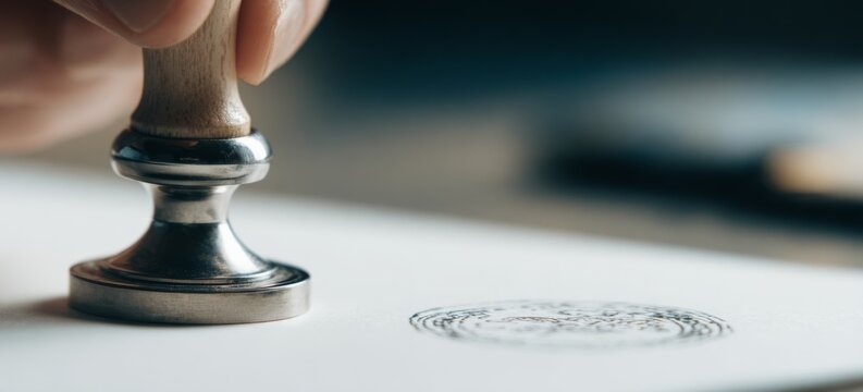 Hand applying a stamp to document on a desk with vintage design  