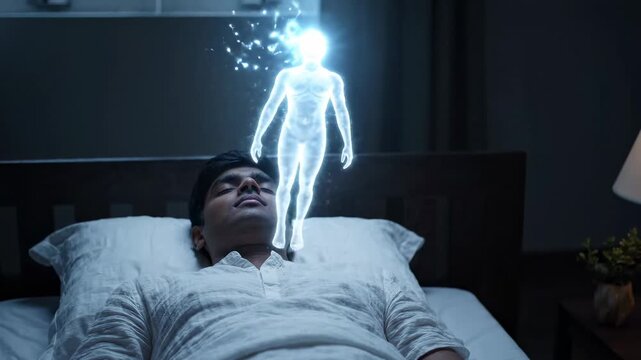 Ethereal glowing humanoid soul rising from sleeping man body at night