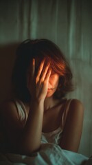 Fototapeta premium Young woman with insomnia sitting on bed and covering her face, vertical photo