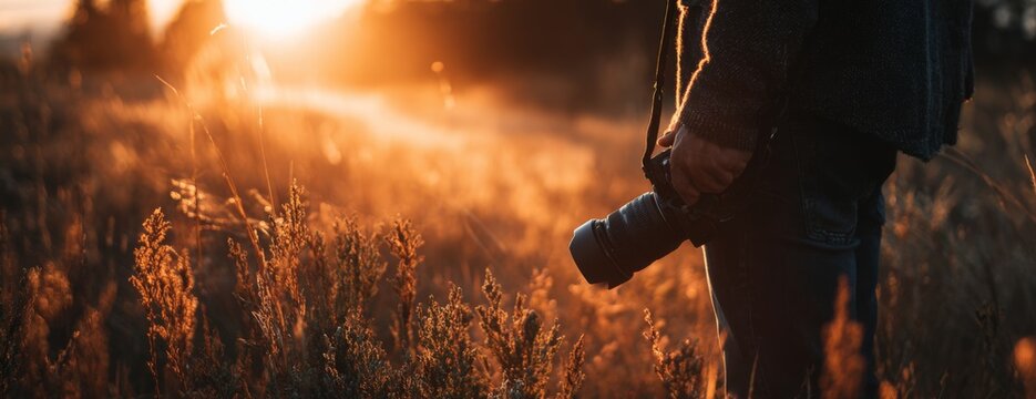 Photographer standing in nature holding camera during sunset  