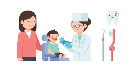 A friendly dentist examines a young boy's teeth in a clinic while his mother stands by, featuring icons for oral hygiene and dental care. © Ahmad
