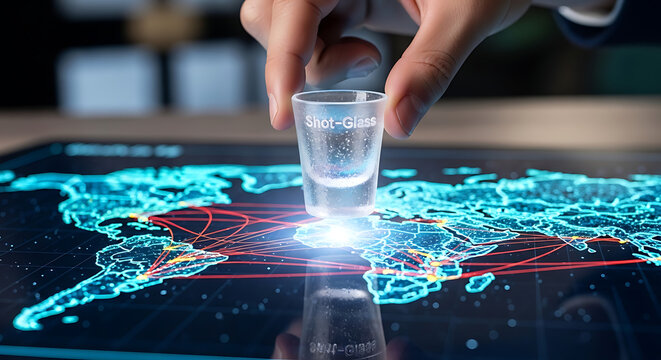 Hand holding small glass over a futuristic glowing digital world map