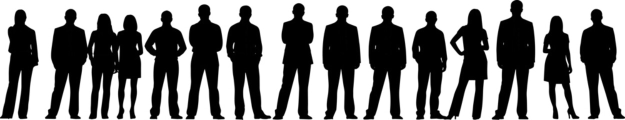 Fototapeta premium Row of business professional silhouettes in formal attire, symbolizing teamwork, corporate diversity, and organizational representation for design inspiration