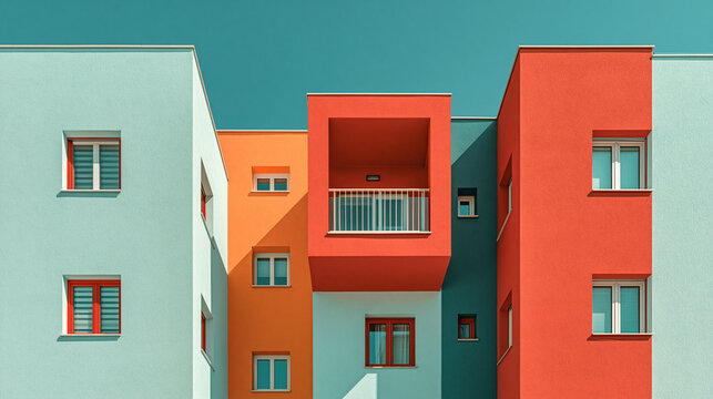 A sharp angular low-angle view of a modern multi-story residential building with bold color block plaster surfaces in turquoise, orange, and terracotta red tones.
