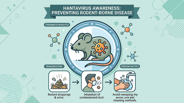 Health infographic on preventing hantavirus Protecting against rodent-borne diseases, understanding transmission, and maintaining a safe environment