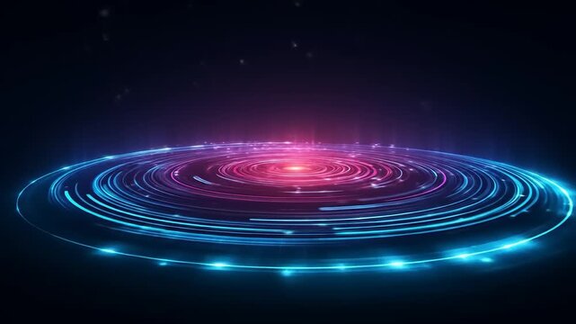 Abstract, glowing, concentric circles in shades of blue and pink on dark background