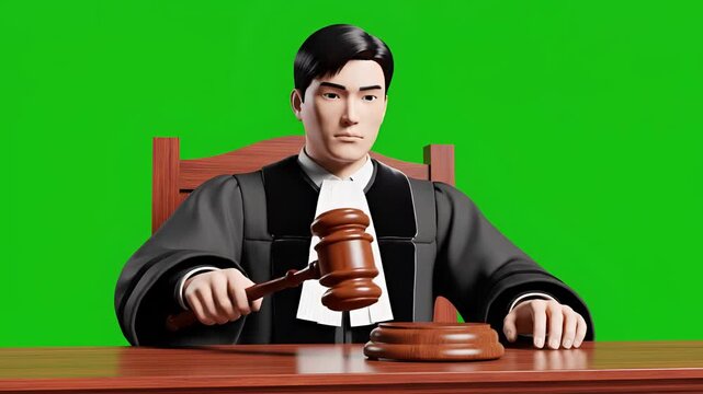 Judge in Courtroom with Gavel on Green Screen Background.