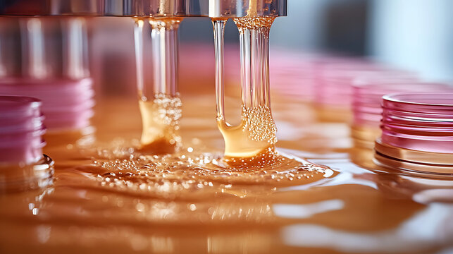 Detailed view of liquid foundation formula being processed in a lab environment with soft lighting white background 