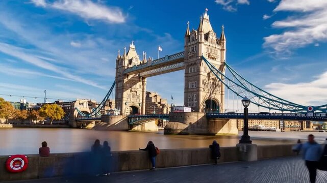 Tower Bridge in London, UK, United Kingdom. Time lapse. People walking.