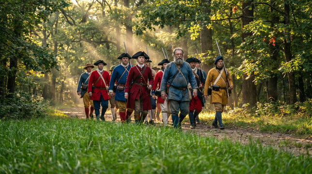 Historical reenactment of founding fathers on a tour through a sunlit forest path, dressed in colorful 18th-century attire, with dappled sunlight filtering through the