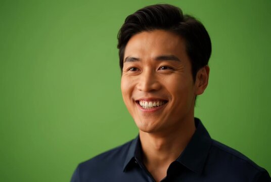 Smiling East Asian Male Presenter Speaking on Green Screen Background