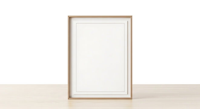 Minimalist empty frame with white mat and gold border on white background
