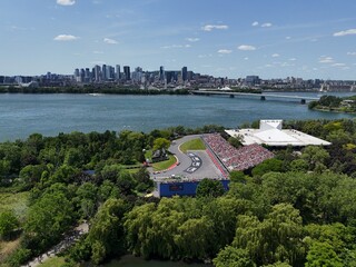 Fototapeta premium 14th of June 2025. Helicopter flight view of the Formula 1 Circuit Gilles Villeneuve in Montreal. Quebec, Canada