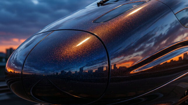 Futuristic transcontinental high-speed rail train with sleek aerodynamic design reflecting vibrant sunset sky and city skyline