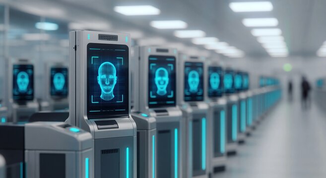 Biometric facial recognition technology at an airport security identity checkpoint