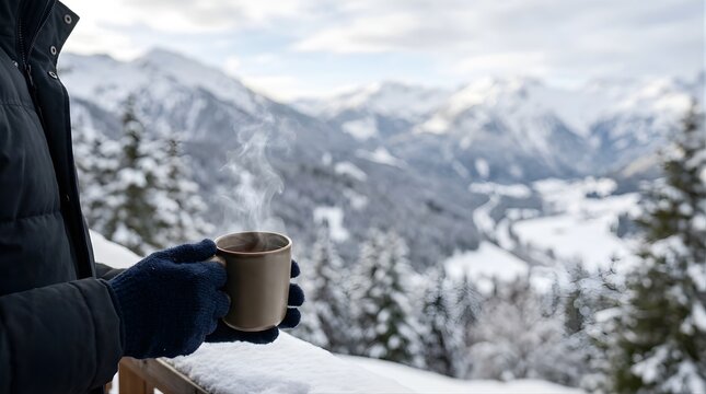 Person in gloves holding a hot steaming mug overlooking snowy mountains