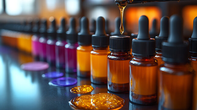 Cinematic scene of essential oils dripping into a vibrant cream base during cosmetic formulation white background 