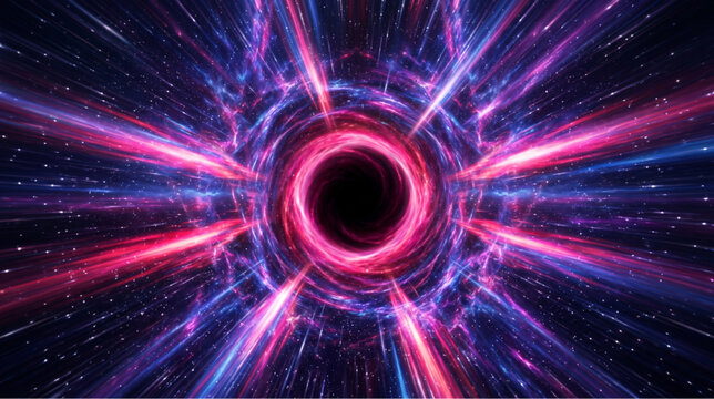 Sci-fi wormhole tunnel through deep space and time. Cosmic hyperspace background with glowing stars and nebula. Abstract black hole vortex with neon light streaks. 