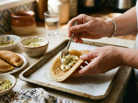 Woman hands filling traditional qatayef pancake with cream and pistachio