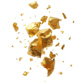 Floating premium 24k edible gold leaf flakes isolated on white