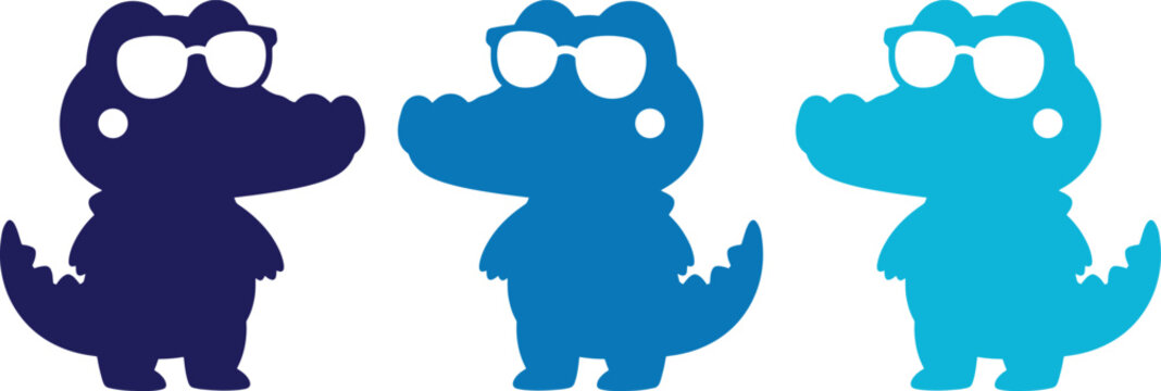 Cool Alligator Vector Set, three adorable cartoon gators wearing sunglasses, playful animal character illustrations for kids' designs, branding, and summer themes